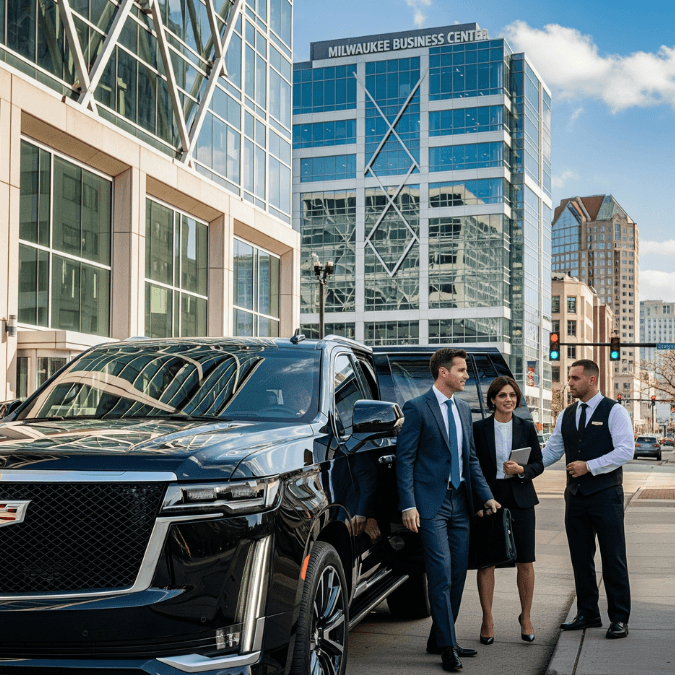Black 2025 Cadillac Escalade limo with executives arriving in Milwaukee Downtown Business District