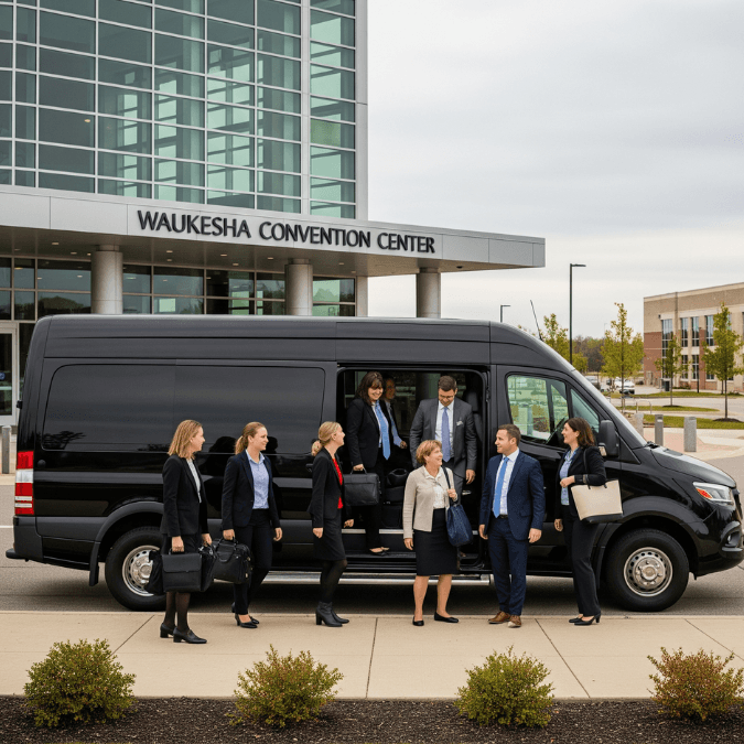 Black 2025 Executive Sprinter Van group shuttle for corporate conference in Waukesha Industrial & Business Park