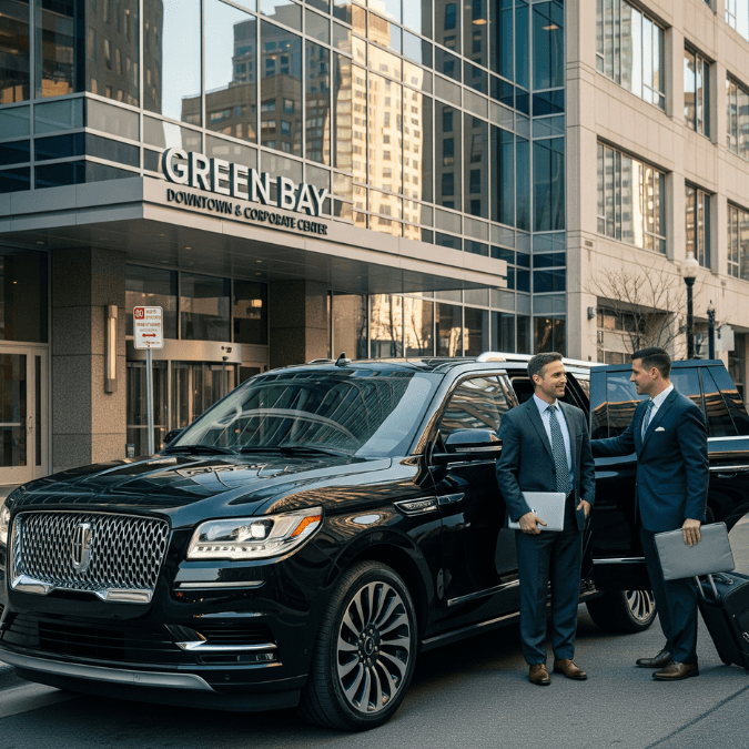Black 2025 Lincoln Navigator chauffeur service at Green Bay Downtown Corporate Center headquarters