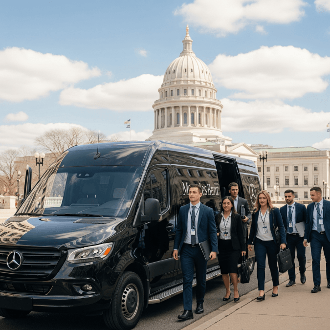 Black 2025 Mercedes-Benz Sprinter Limo providing corporate shuttle near Madison Capitol Square Government District