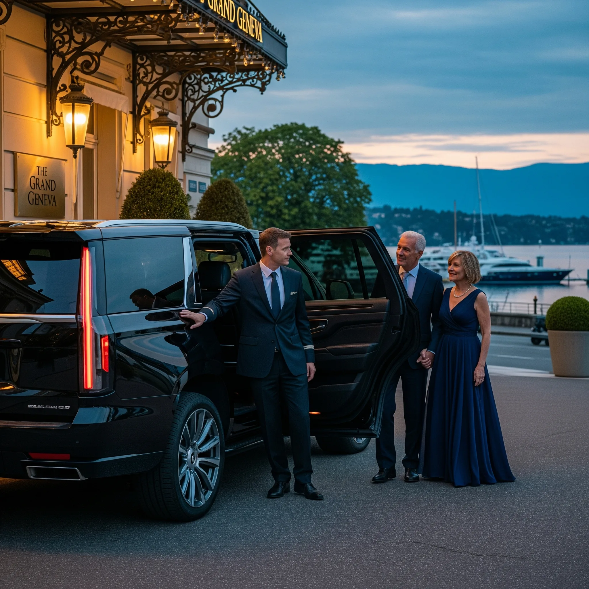 Couples stepping out of Black 2025 Cadillac Escalade Limo in downtown Lake Geneva