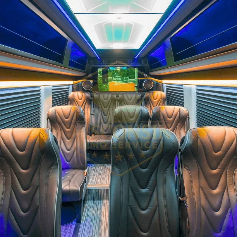 Executive Sprinter Van Interior Featuring TV Entertainment Suite and Ambient Lighting