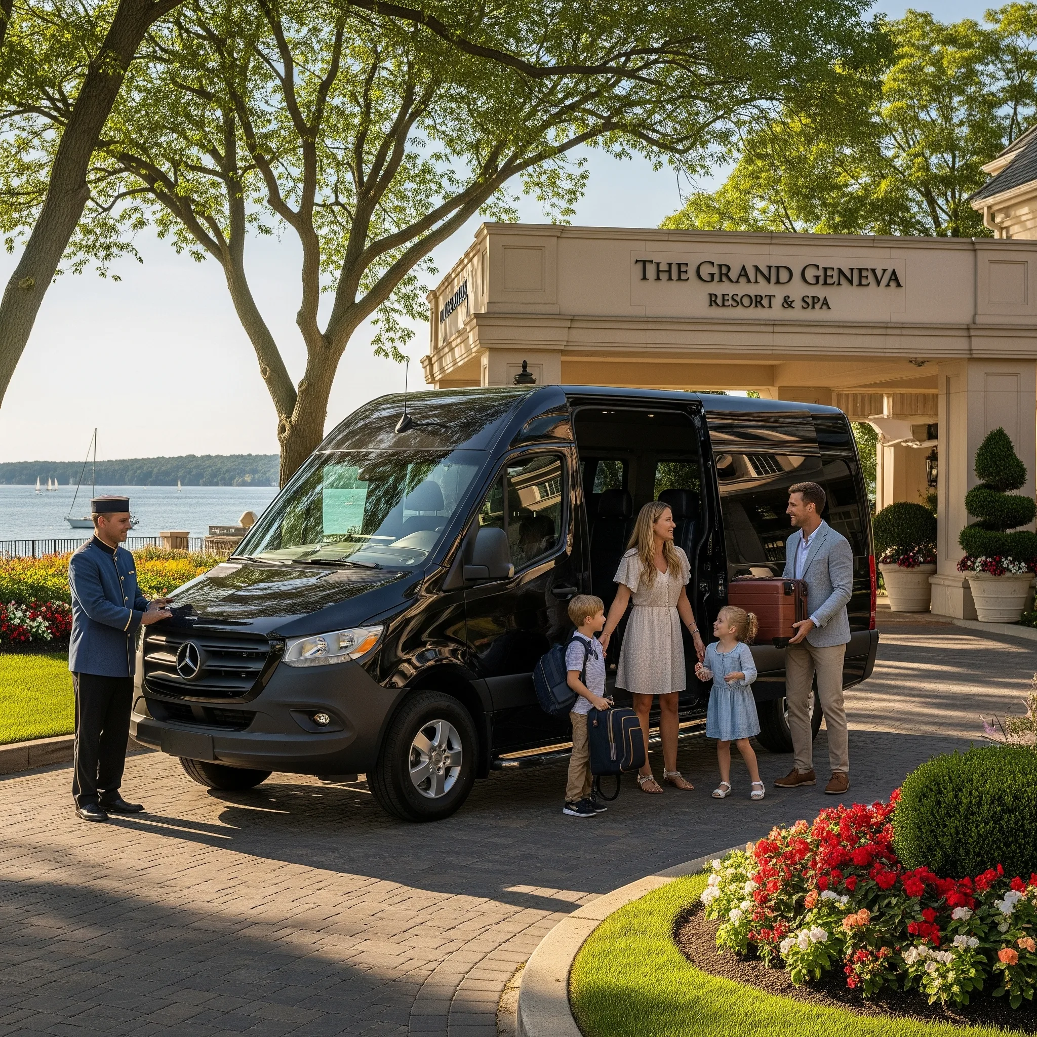 Family loading luggage into Black 2025 Mercedes Sprinter Limo in Lake Geneva