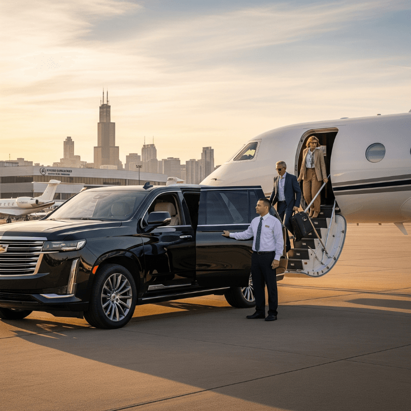 Private jet limo service with black 2025 Cadillac Escalade at Chicago FBO terminal