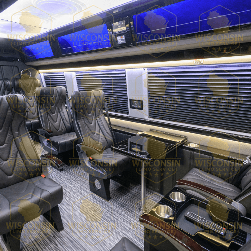 Spacious leather captain’s chairs inside Sprinter limo rental Spacious leather captain’s chairs inside Sprinter limo rental