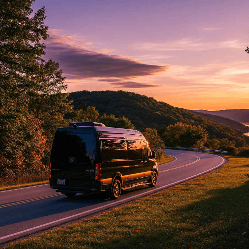 Wisconsin Sprinter Limo Interior with Plush Leather Seats, Handles, and Modern Comforts