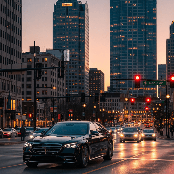 mercedes benz s class limo driving in downtown milwaukee