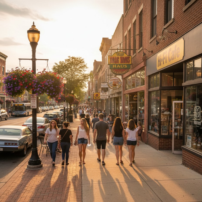 Brady Street in Milwaukee with shops and people outside