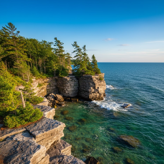 Door County coastline, featuring rocky shores and majestic pine trees