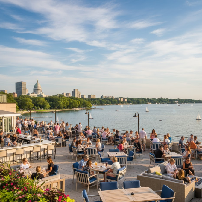 Edgewater Hotel terrace in Madison, offering a stunning view overlooking Lake Mendota