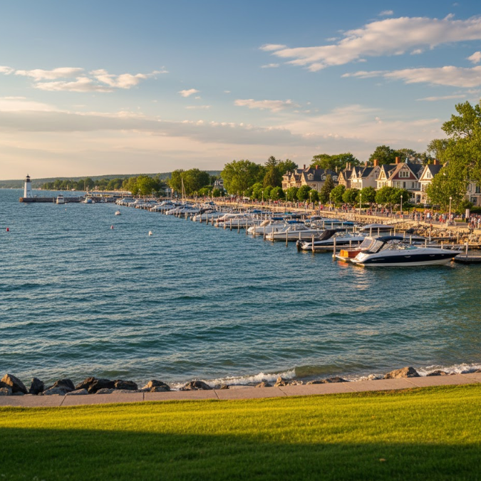 Lake Geneva shoreline with boats and water views