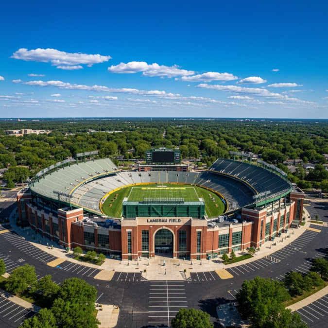 Lambeau Field exterior in Green Bay on a sunny day