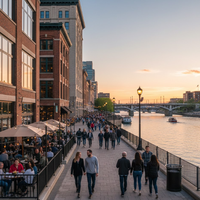 Milwaukee Riverwalk with restaurants and people walking