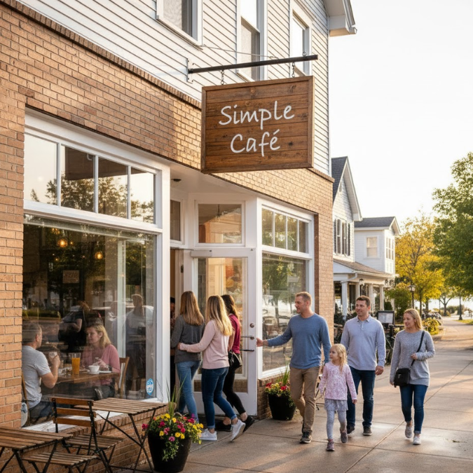 Simple Café in Lake Geneva, with people entering for breakfast