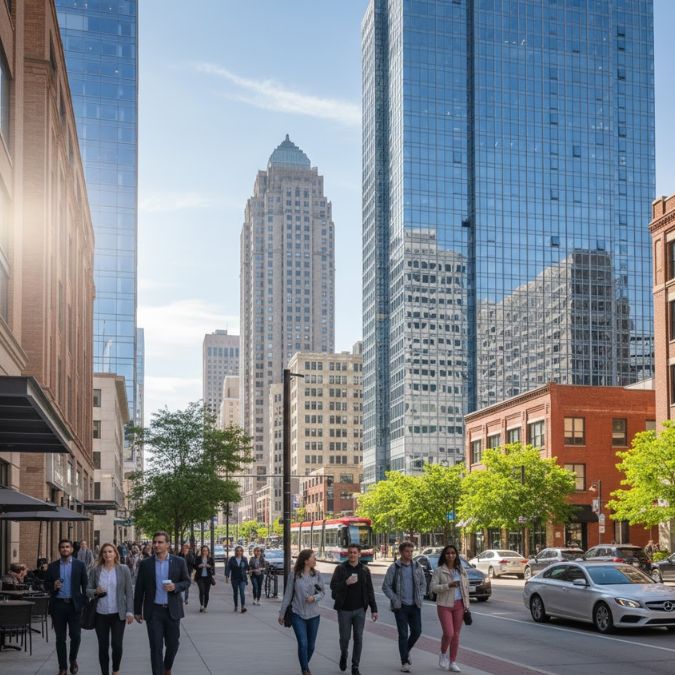 Wisconsin Travel Guide 2026 - downtown Milwaukee, featuring modern buildings and people walking