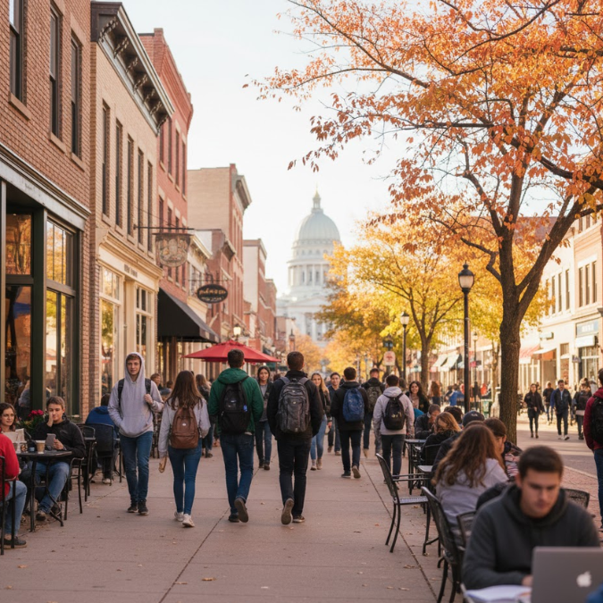 downtown Madison with cafes and college students walking