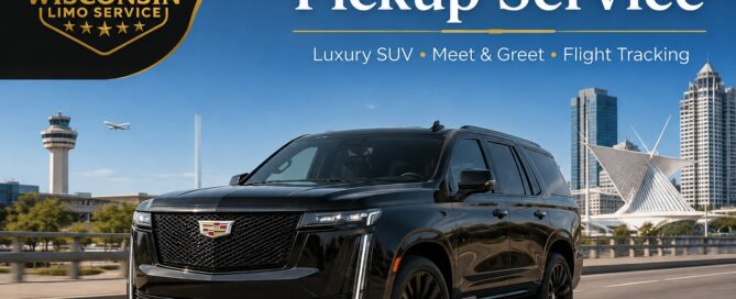 MKE airport pickup service by Wisconsin Limo Service — luxury Escalade SUV leaving Milwaukee Mitchell International with meet and greet and flight tracking, statewide car service for all of Wisconsin, call or text (608) 904-2660