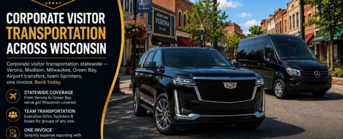 Alt text: Corporate visitor transportation across Wisconsin by Wisconsin Limo Service — luxury Escalade SUV and Mercedes Sprinter in downtown Verona, statewide coverage from Verona and Madison to Milwaukee and Green Bay, team transportation with one invoice, call or text (608) 904-2660