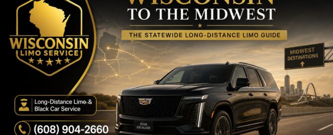 Wisconsin to the Midwest statewide long-distance limo guide — Wisconsin Limo Service black Cadillac Escalade on the highway toward Midwest destinations, long-distance limo and black car service across Wisconsin, 24/7 at 608-904-2660