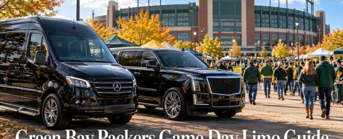 Green Bay Packers game day limo guide: black Mercedes Sprinter and Cadillac Escalade parked near the stadium as fans in green and gold walk to a Packers game