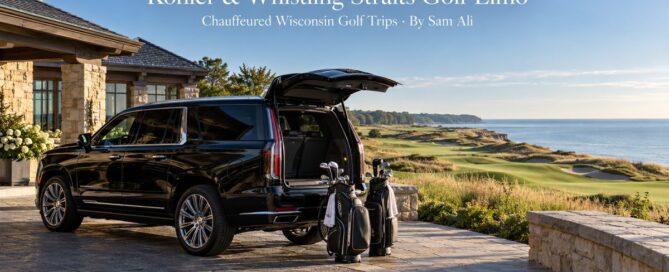 Kohler Whistling Straits golf limo: black Cadillac Escalade at a lakeside championship golf clubhouse with golf bags ready for a Wisconsin golf trip
