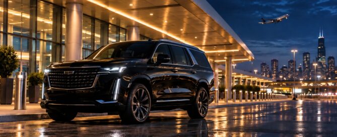 Late night Midway Airport limo to Wisconsin with a latest-model black luxury SUV, professional chauffeur and travelers leaving MDW after an evening flight.