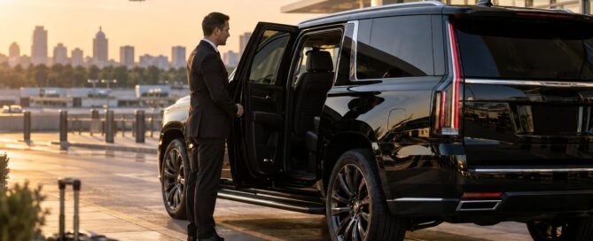 Madison Airport limo service chauffeur opening the door of a black Cadillac Escalade outside the departures terminal at sunset with a plane taking off