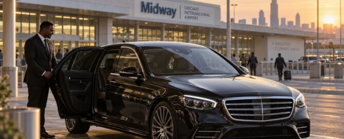Midway Airport limo service chauffeur opening the door of a black Mercedes S-Class outside the Midway Chicago International Airport terminal at sunrise