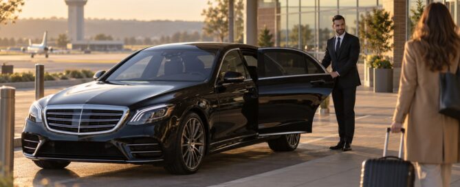 MKE airport limo service chauffeur holding the door open on a black Mercedes S-Class for a traveler with luggage at Milwaukee Mitchell International Airport
