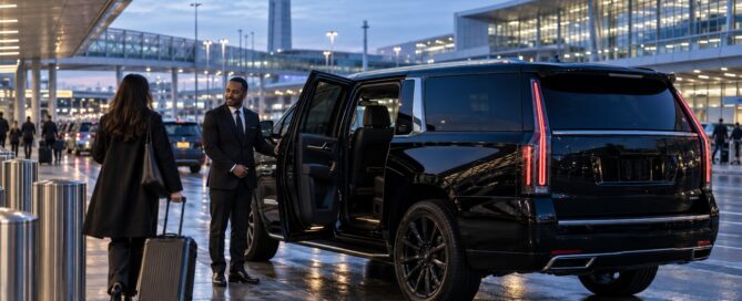 O'Hare airport car service chauffeur opening the door of a black Cadillac Escalade for a traveler with luggage as a plane takes off in the background