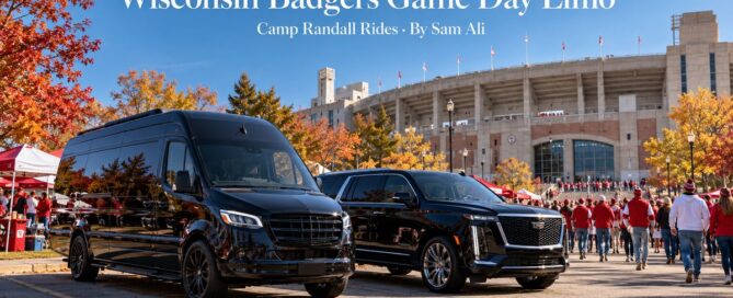 Wisconsin Badgers game day limo: black Mercedes Sprinter and Cadillac Escalade near the Madison stadium as fans in red and white walk to the game