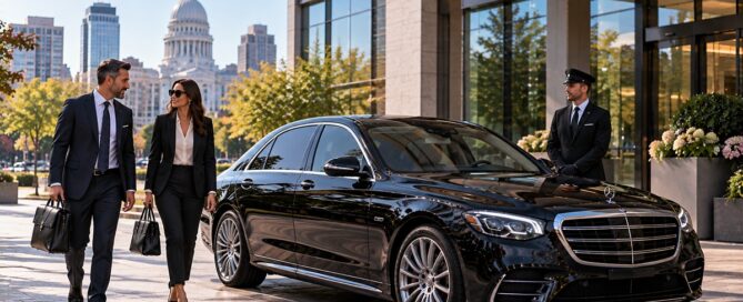 Wisconsin hourly chauffeur service with a black luxury executive sedan, professional chauffeur and business travelers outside a modern Wisconsin corporate office.
