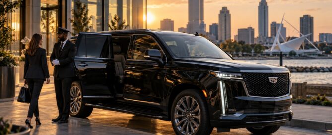 Wisconsin limo service chauffeur standing beside a black Cadillac Escalade with the Milwaukee skyline in the background