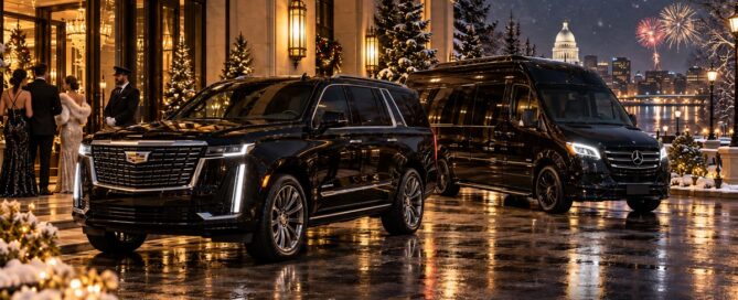 Wisconsin New Year's Eve limo service with a luxury black Cadillac Escalade and Mercedes-Benz Sprinter outside an upscale winter celebration