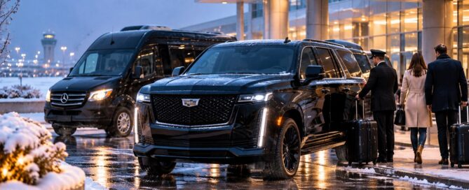 Wisconsin Winter Travel Limo with black luxury SUV and Sprinter for snowy airport transportation