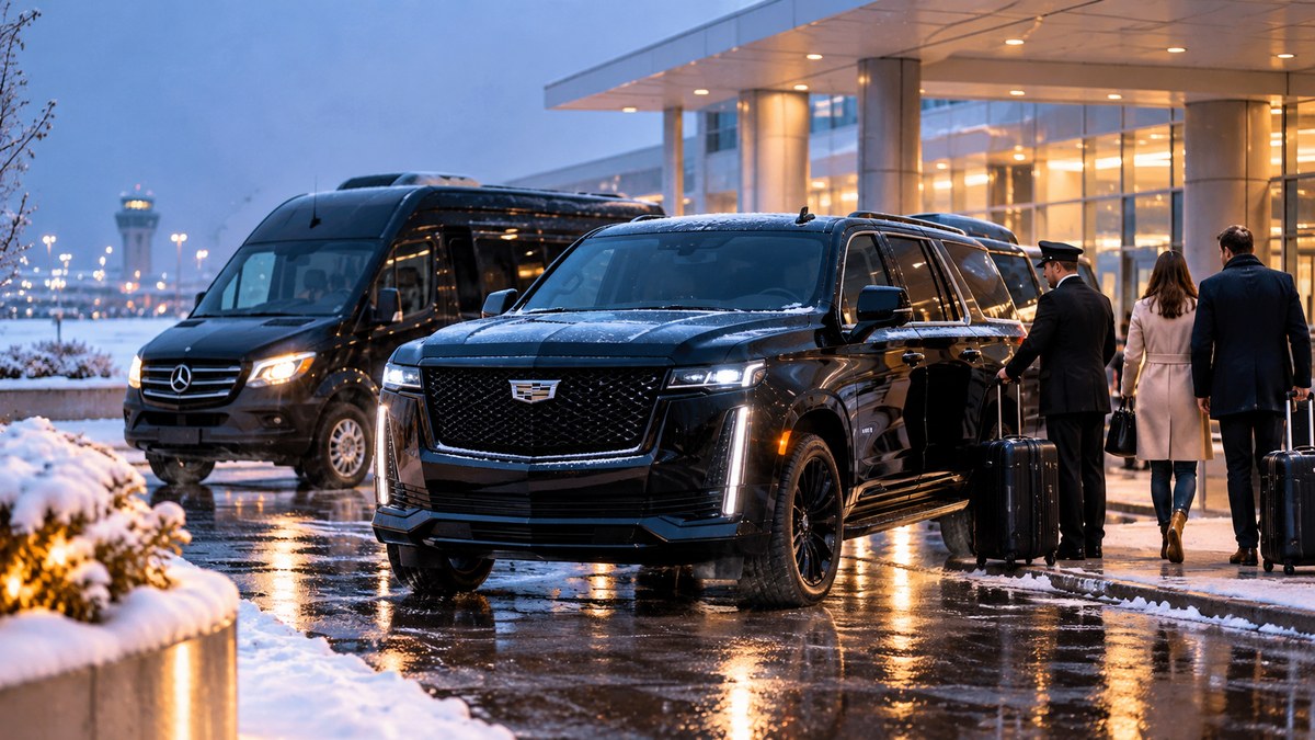 Wisconsin Winter Travel Limo with black luxury SUV and Sprinter for snowy airport transportation