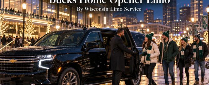 Bucks home opener limo with a black Chevrolet Suburban and chauffeur dropping off fans in green near a lively downtown Milwaukee entertainment plaza on a snowy evening