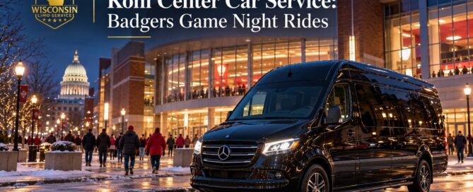 Kohl Center car service with a black Mercedes-Benz Executive Sprinter near a Madison basketball arena on game night