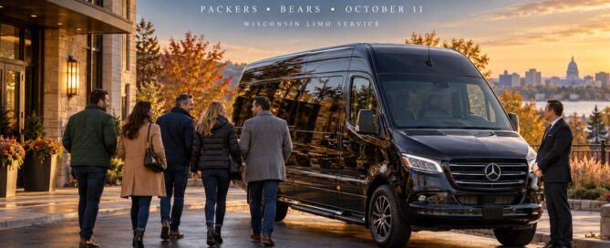Black Mercedes-Benz Sprinter preparing for an early morning Packers–Bears trip to Lambeau Field with Wisconsin Limo Service and a group of football fans.