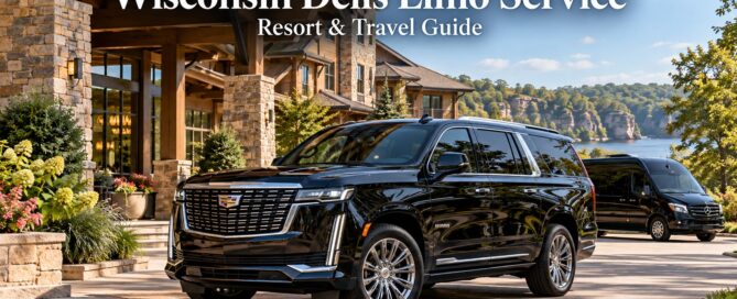 Wisconsin Dells limo service with a luxury black SUV at an upscale resort entrance
